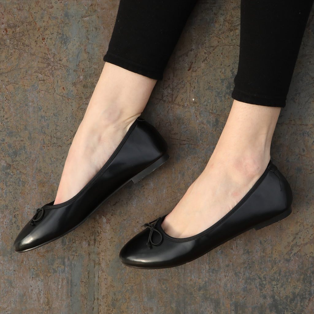 WIDE FIT BLACK PU SPAGHETTI BOW BALLERINA